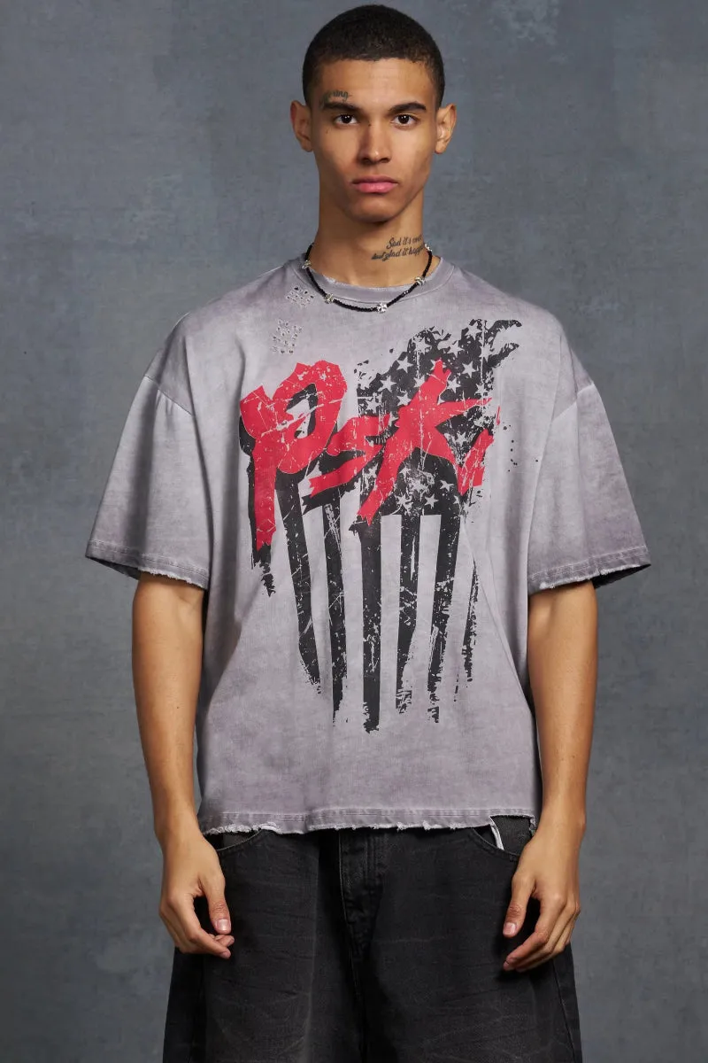 P-Star Oversized Boxy T-Shirt Flag Print Grey