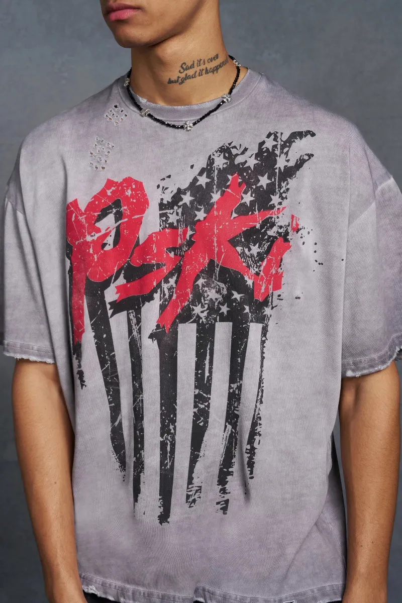 P-Star Oversized Boxy T-Shirt Flag Print Grey