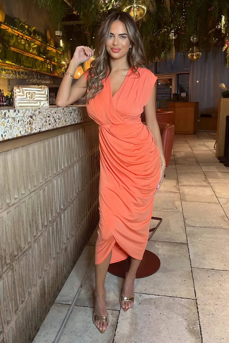 Peach Wrap Draped Midi Dress