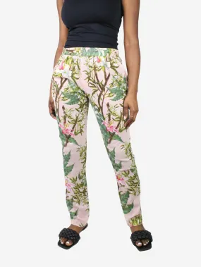 Pink floral lightweight drawstring trousers - size UK 10