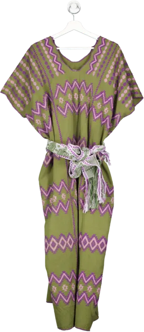 pippa holt Green Three Panel Midi Kaftan Dress In Khaki Grren, Purple And Lilac With Belt One Size