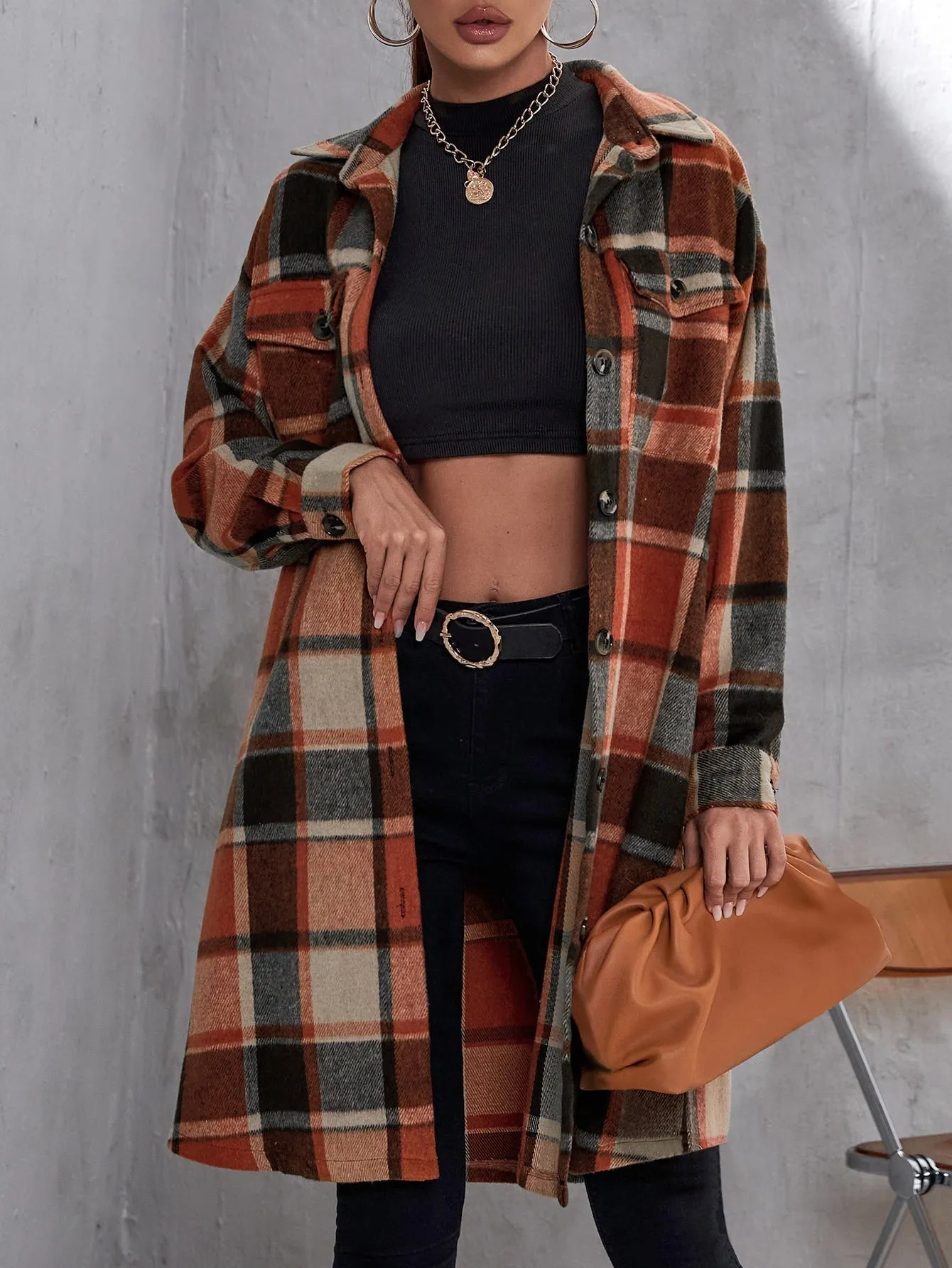 Plaid Flap Pocket Drop Shoulder Coat