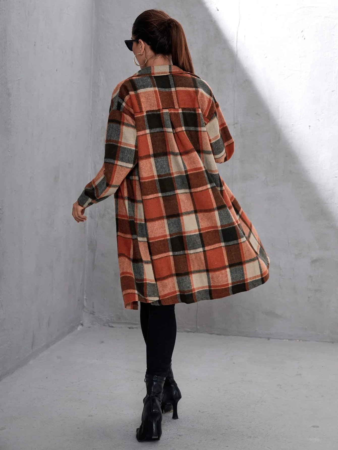 Plaid Flap Pocket Drop Shoulder Coat