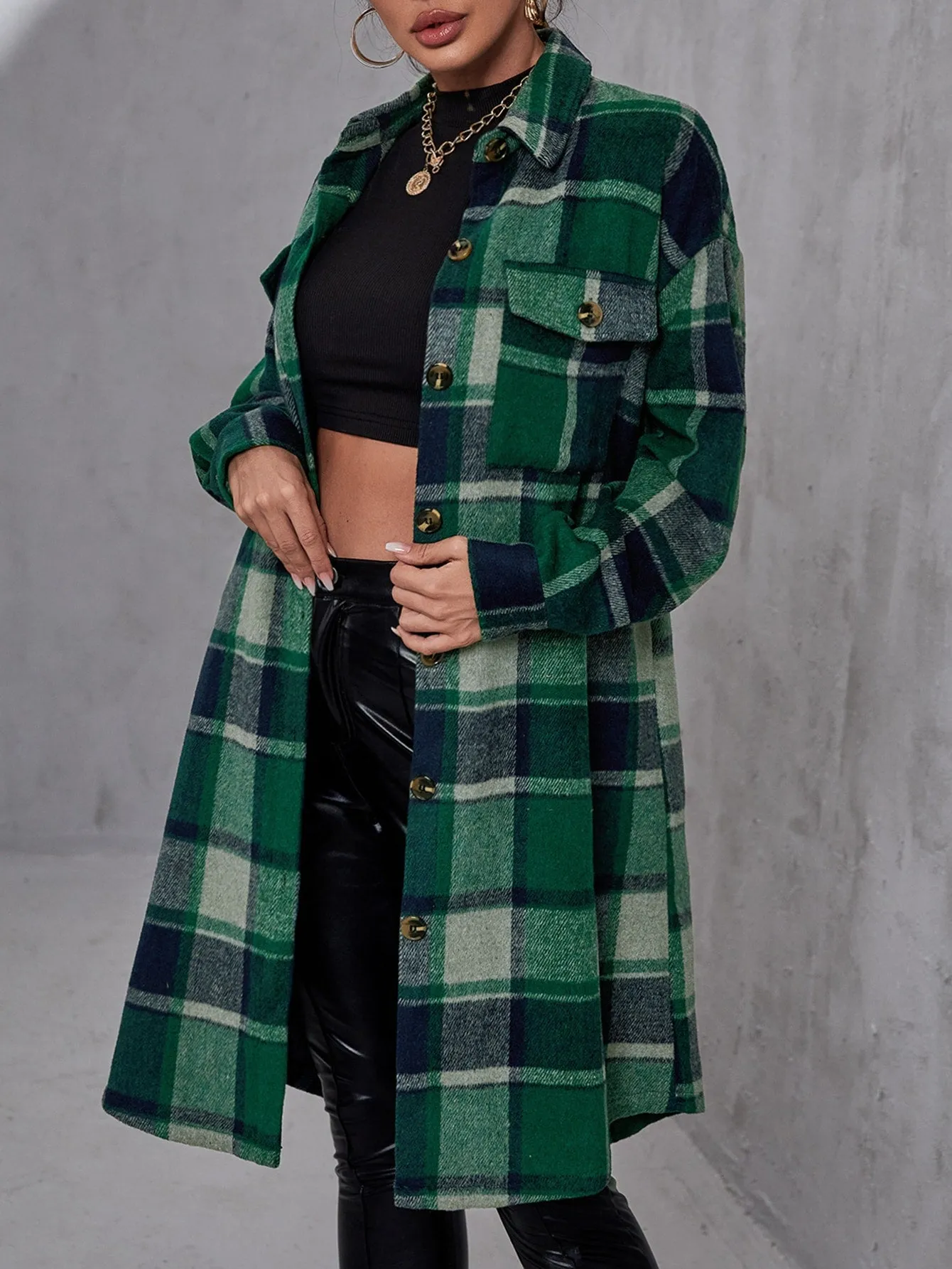 Plaid Flap Pocket Drop Shoulder Coat