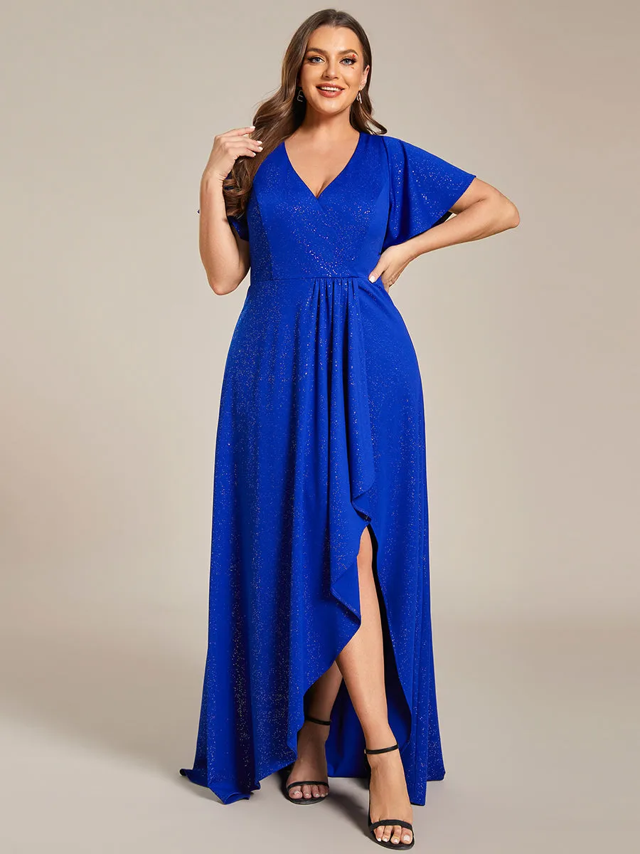 Plus High Low Split Shiny Wholesale Evening Dresses With Ruffle Sleeves