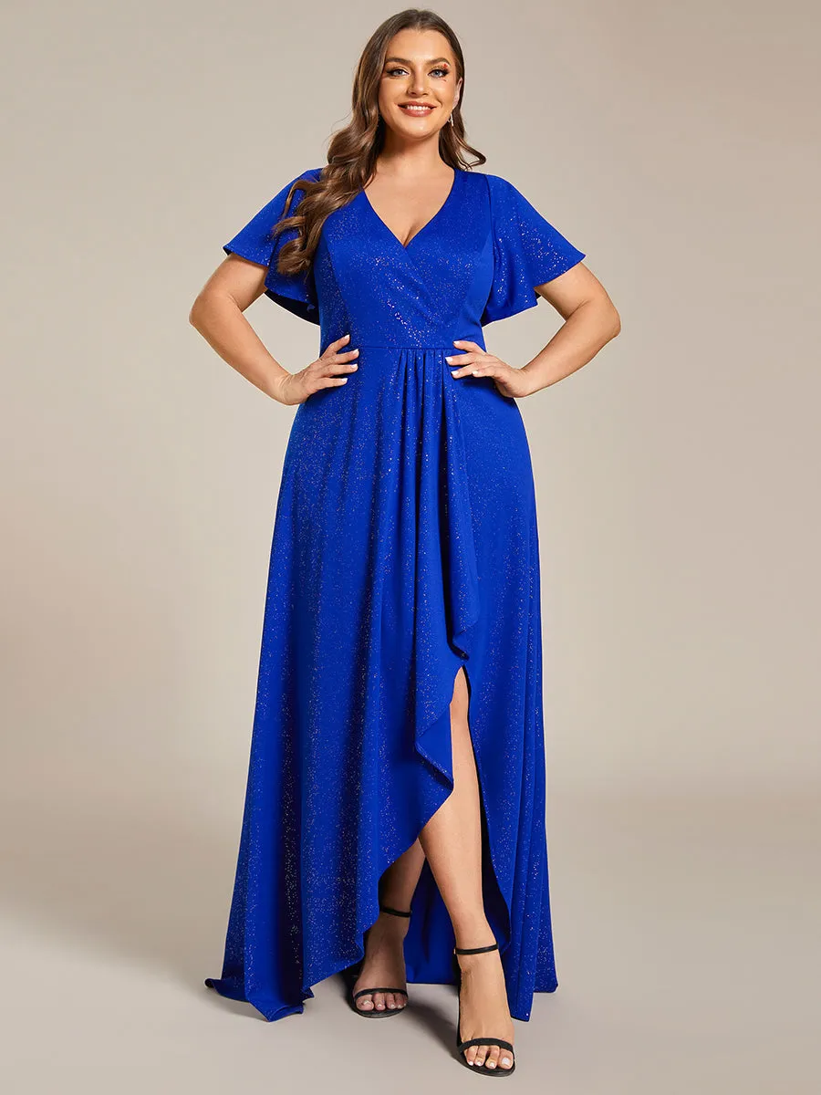 Plus High Low Split Shiny Wholesale Evening Dresses With Ruffle Sleeves