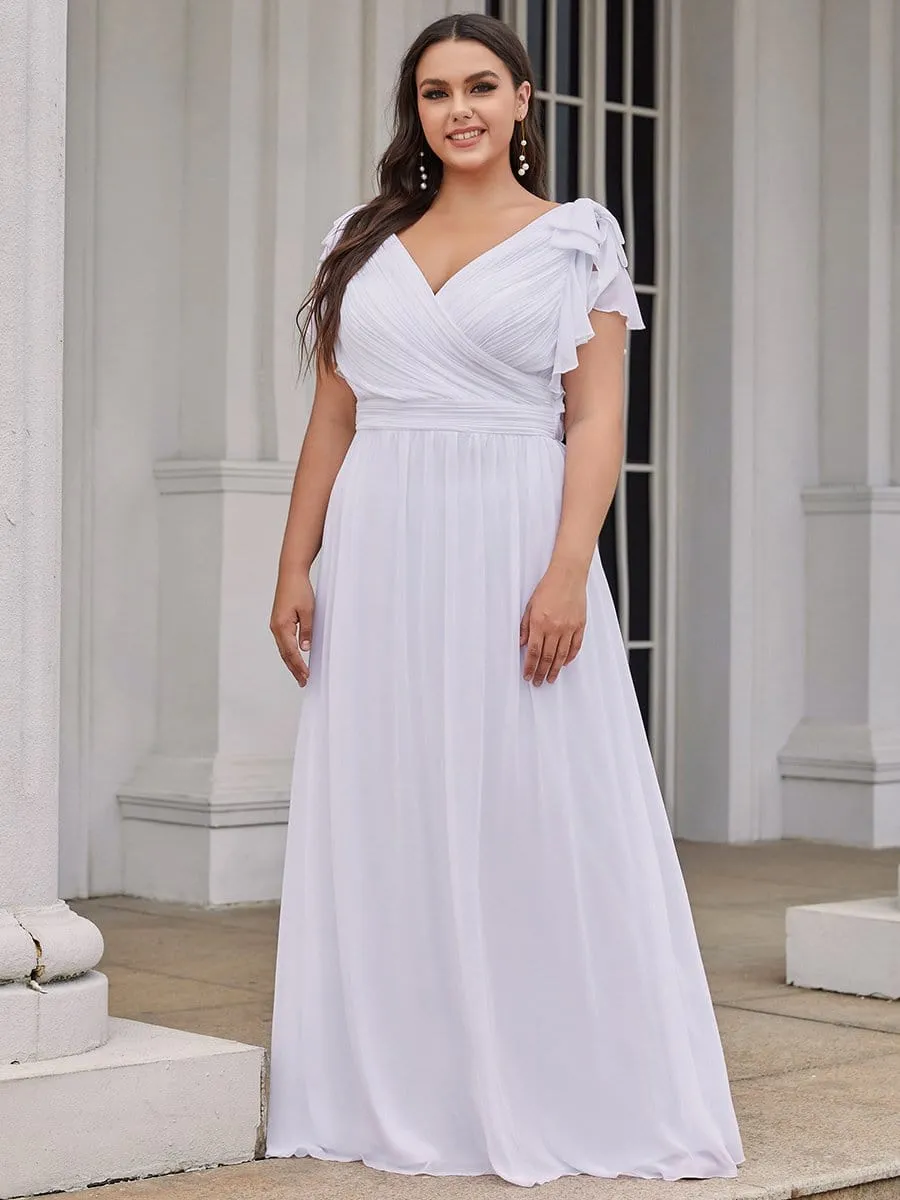 Plus Size Ruched Bodice Formal Evening Dresses with Ruffles Sleeves