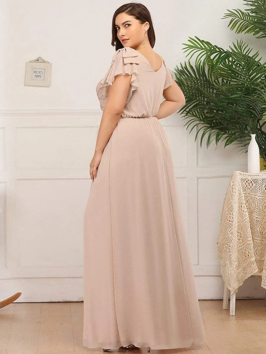 Plus Size Ruched Bodice Formal Evening Dresses with Ruffles Sleeves