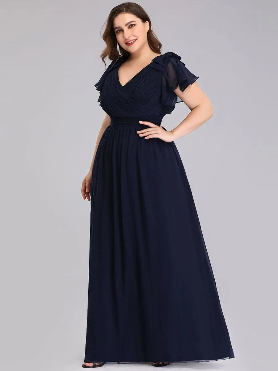 Plus Size Ruched Bodice Formal Evening Dresses with Ruffles Sleeves