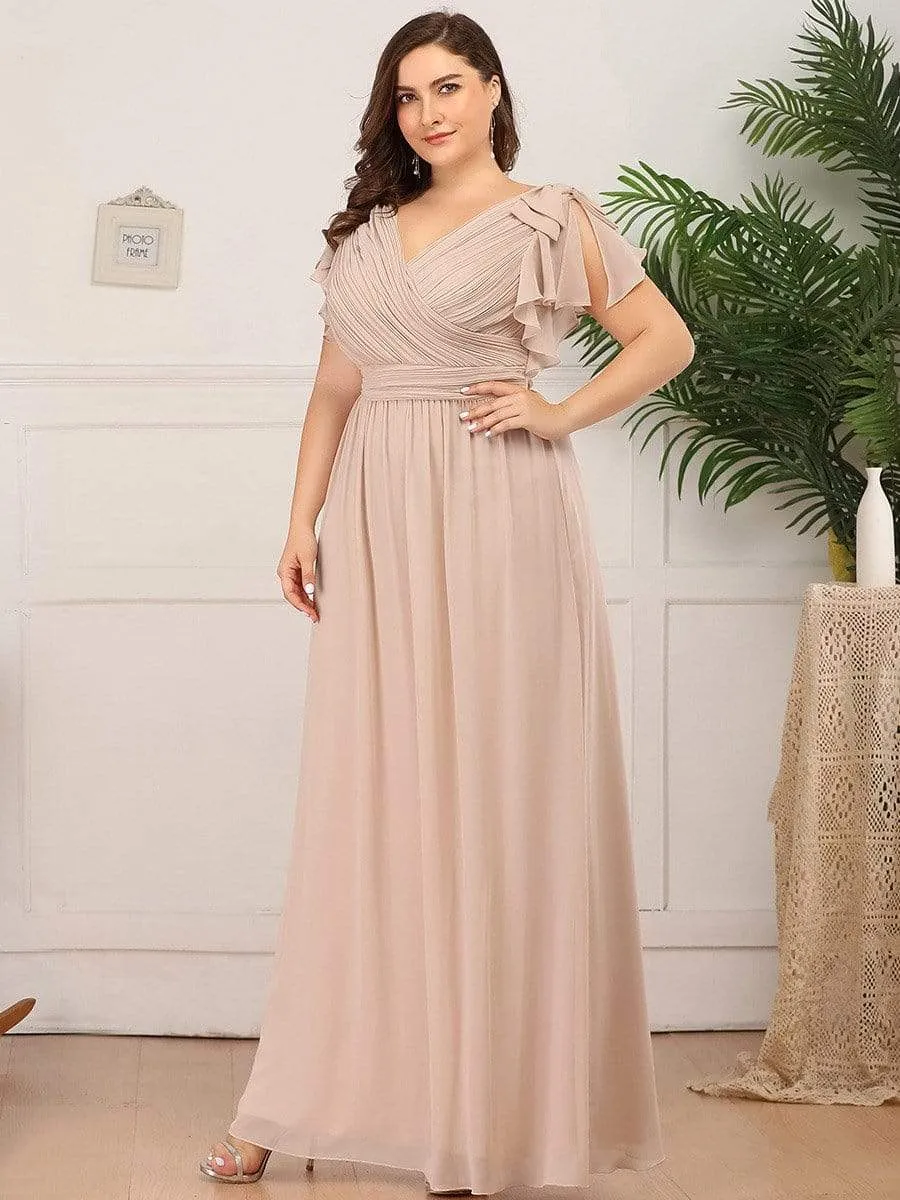 Plus Size Ruched Bodice Formal Evening Dresses with Ruffles Sleeves