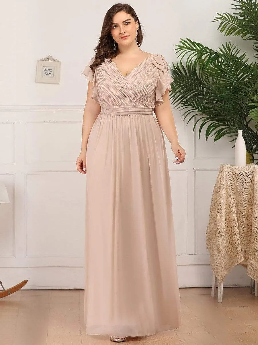 Plus Size Ruched Bodice Formal Evening Dresses with Ruffles Sleeves