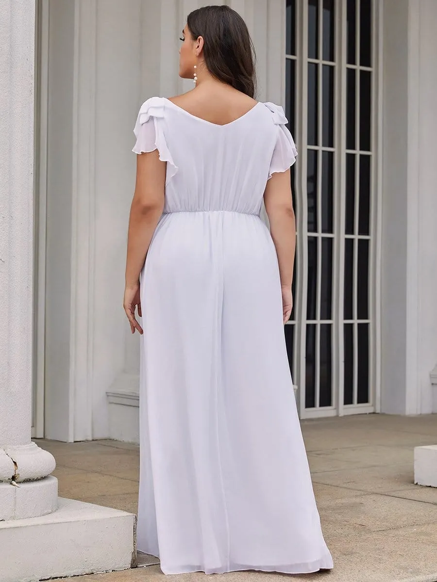 Plus Size Ruched Bodice Formal Evening Dresses with Ruffles Sleeves