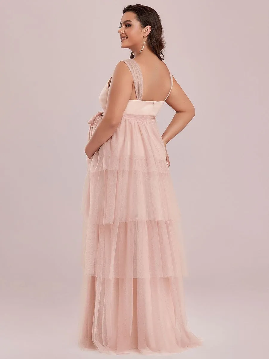 Plus Size Tie Waist V-Neck Tiered Floor-length Maternity Dress