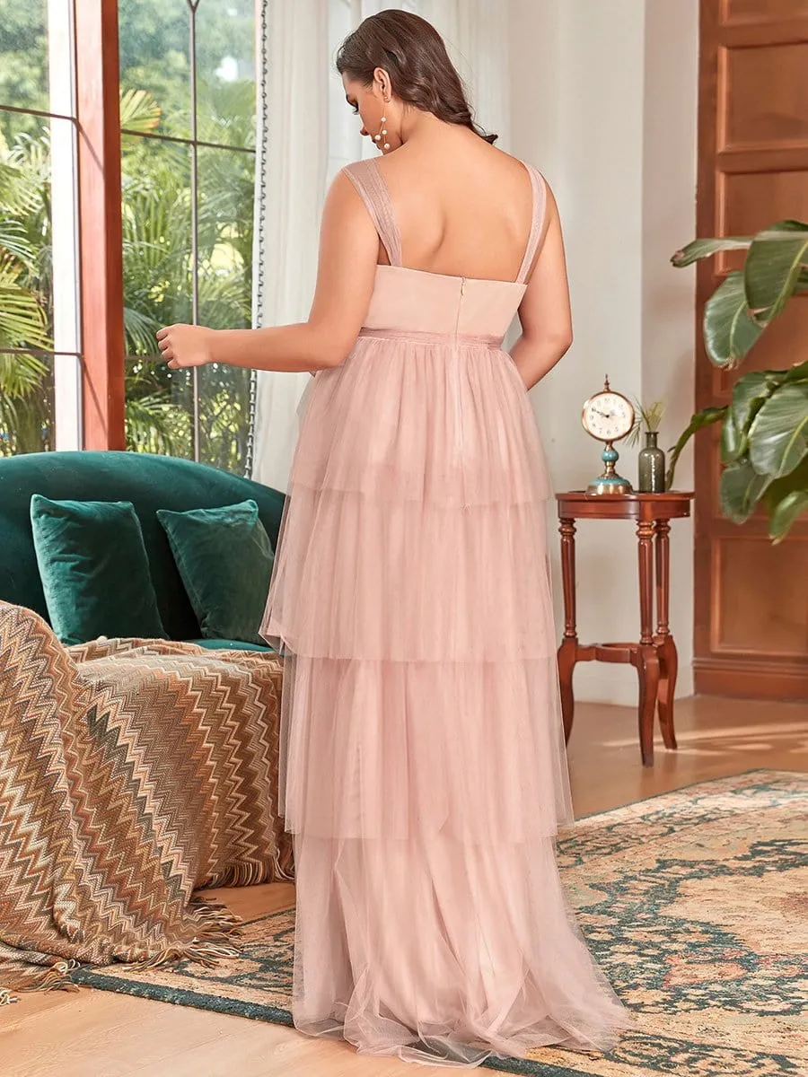 Plus Size Tie Waist V-Neck Tiered Floor-length Maternity Dress