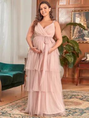 Plus Size Tie Waist V-Neck Tiered Floor-length Maternity Dress