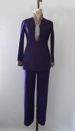 PURPLE REIGN Space Age 60s Double Knit Jeweled Top and Pants Set, Medium