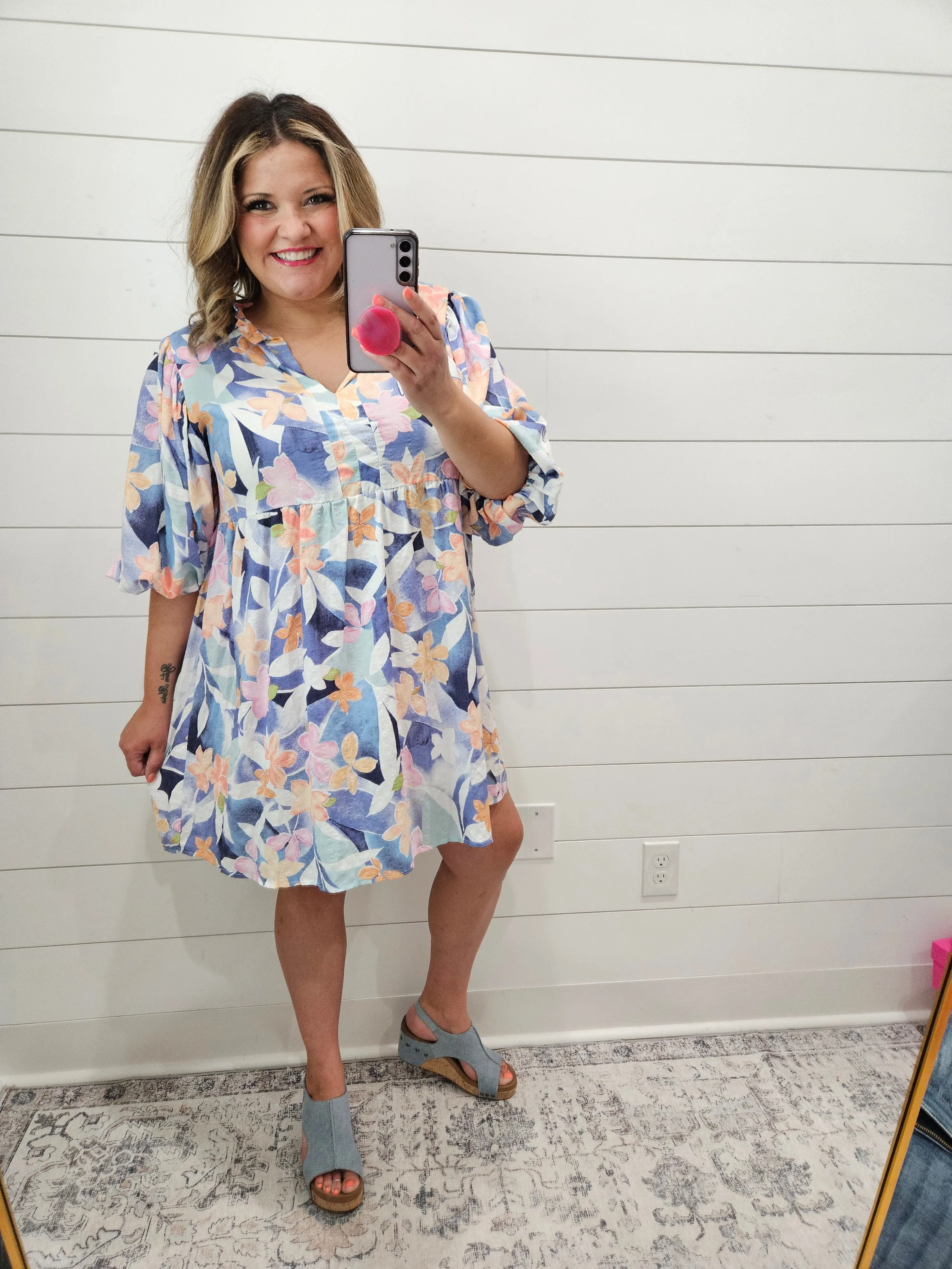 "Adalaide" Floral Split Neck Balloon Sleeve Tunic / Dress