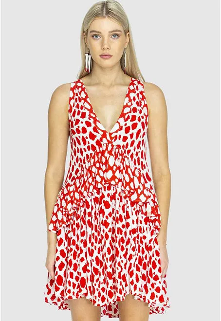 RARA FRILL DRESS - Giraffe Red/White