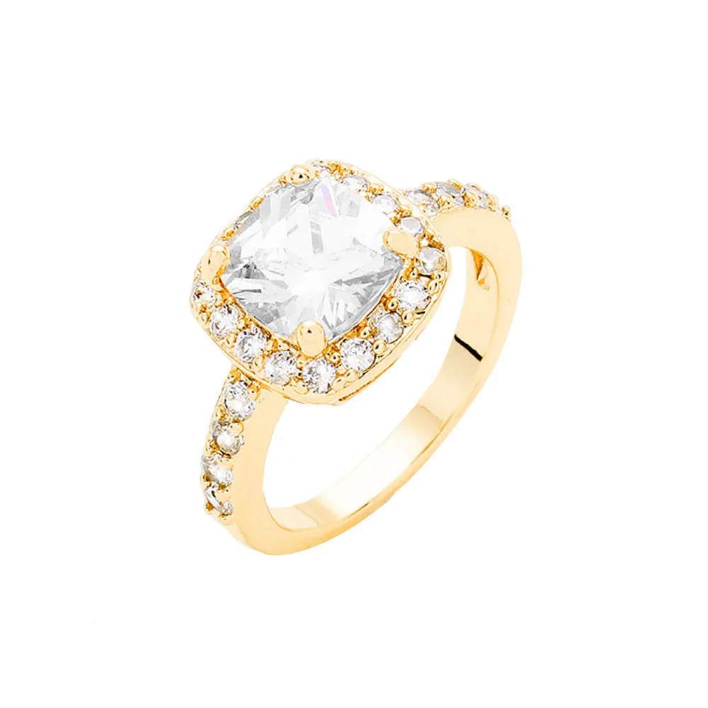 Rhodium Gold Plated Cubic Zirconia Halo Statement Ring