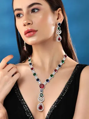 Rubans Rhodium Plated Multicoloured Zircons Stones Necklace & Earring Set.