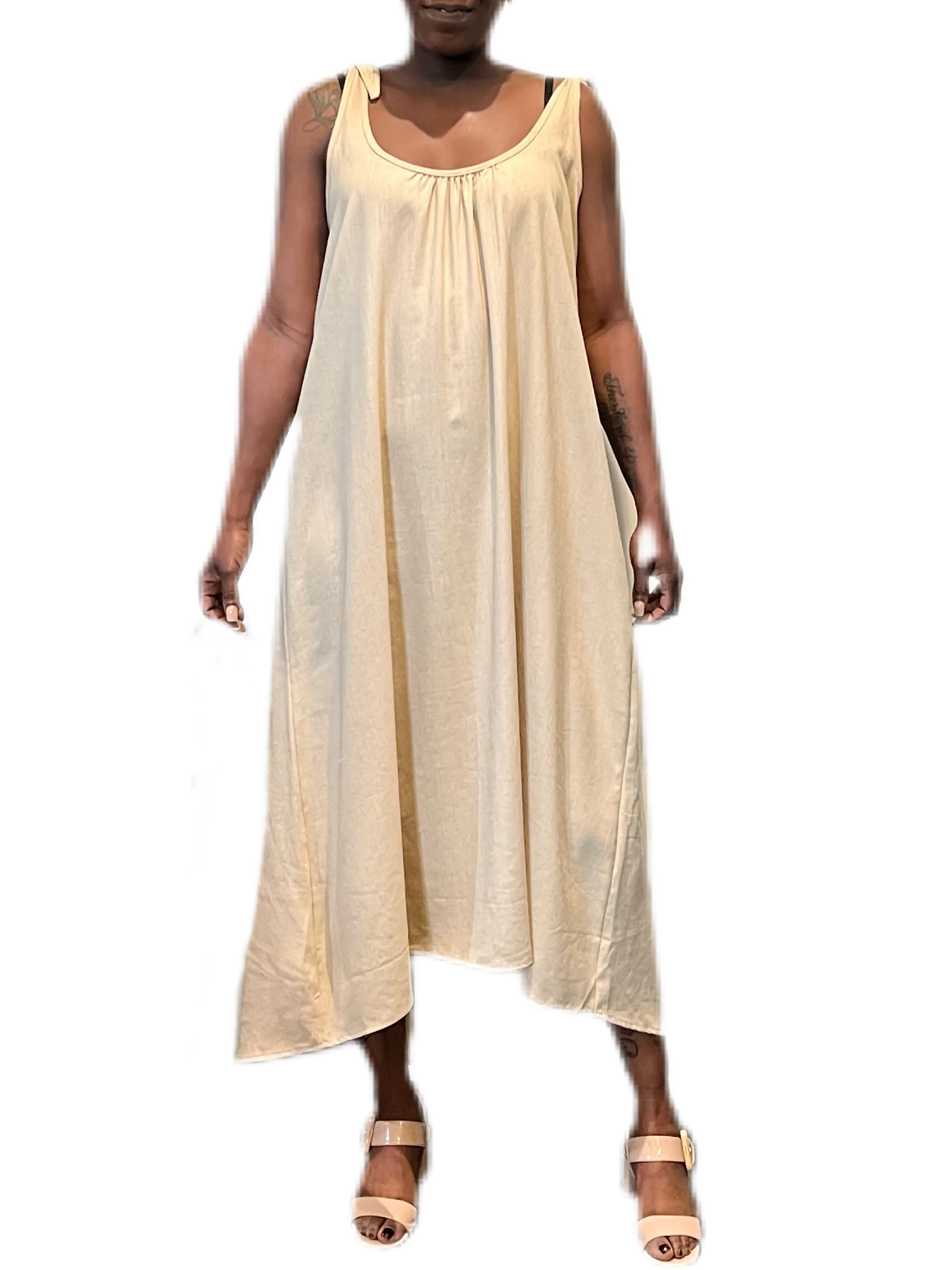 Sand linen blend tie shoulder dress