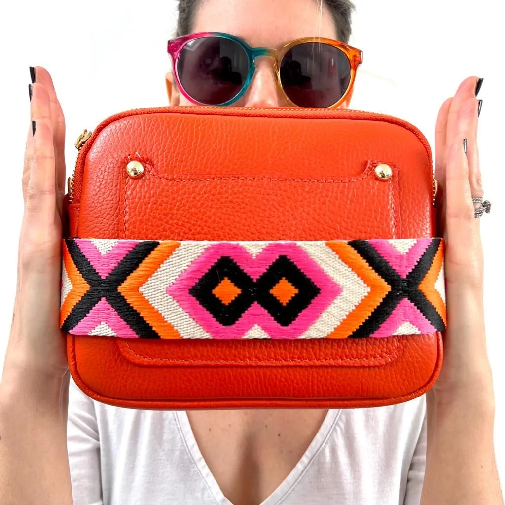 Sienna Crossbody Bag in Burnt Orange with Pink and Orange Bohemian Strap