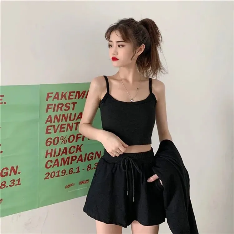 Three-Piece-Set: Hooded Zipper   Crop Top   Shorts With Elastic Waist