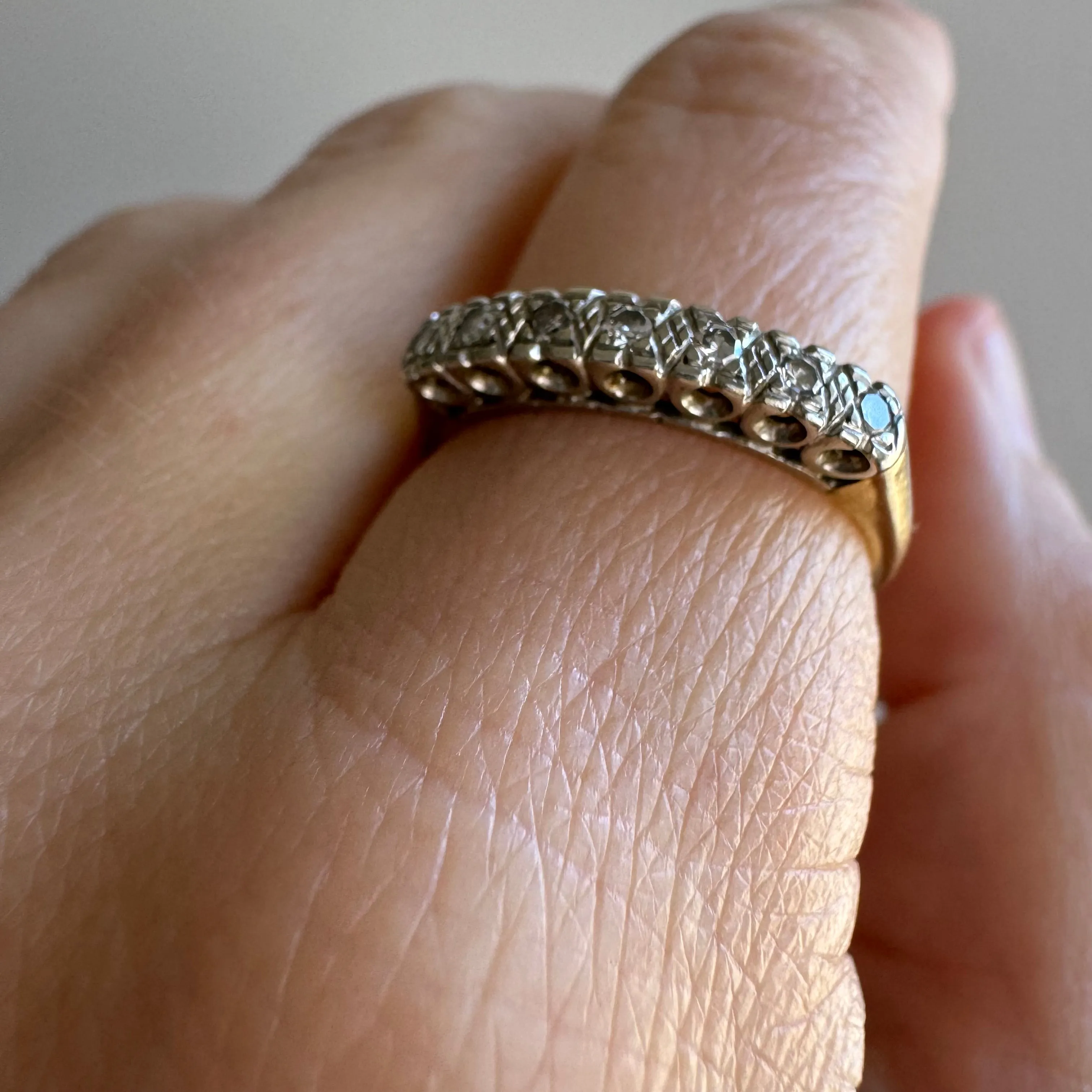 V I N T A G E // mid century hugs and kisses / 14k yellow and white gold seven stone diamond ring / size 6.75