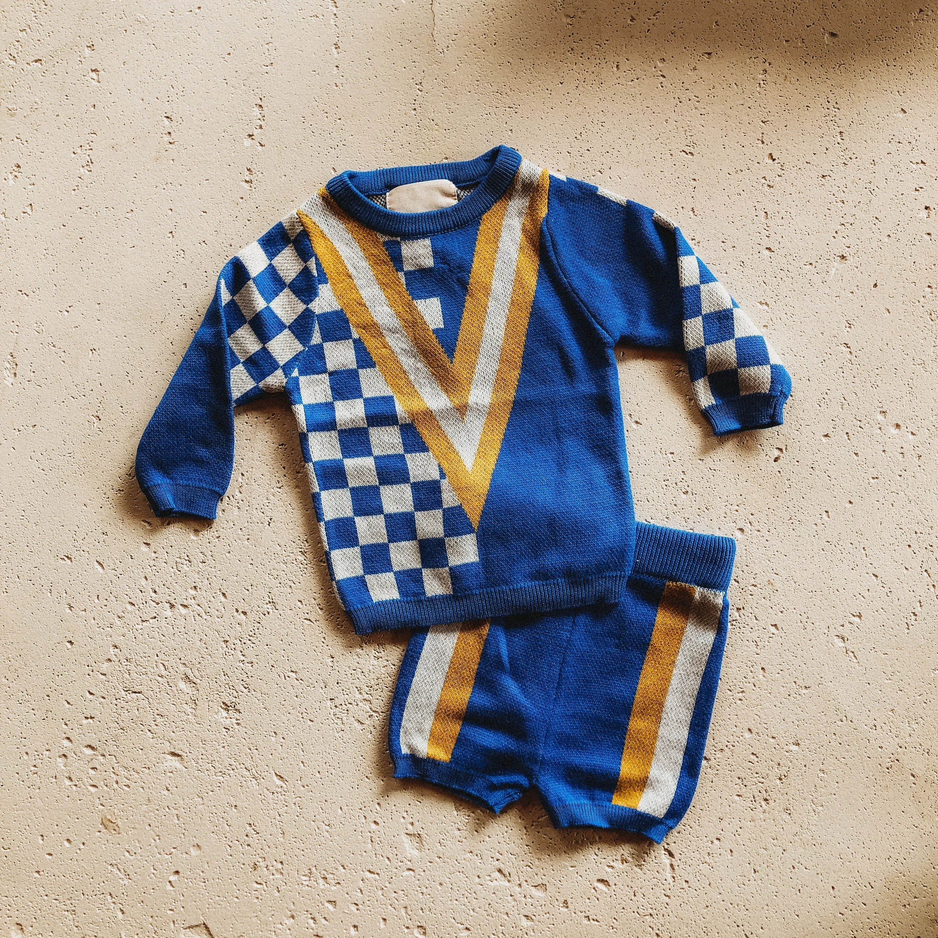 Wandr - Retro Knit Set Long sleeved - Squares and Stripes Blue