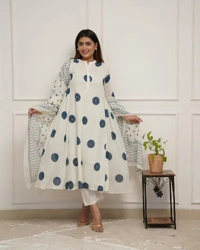 White Polka Dot Kali Style Cotton Anarkali Suit Set