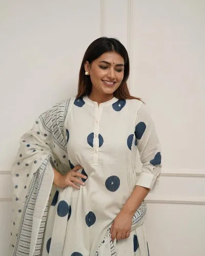 White Polka Dot Kali Style Cotton Anarkali Suit Set