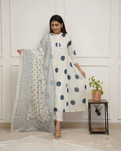 White Polka Dot Kali Style Cotton Anarkali Suit Set