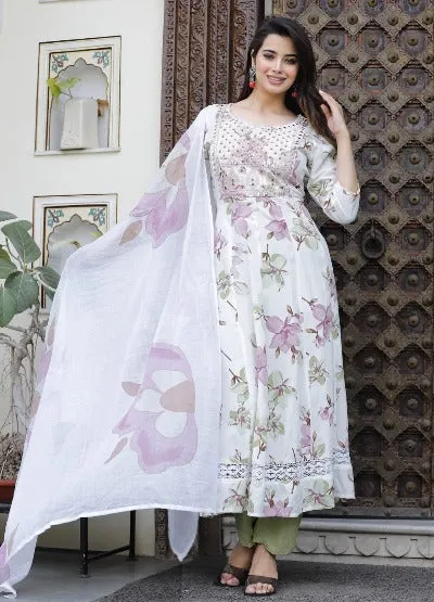 White Rayon Floral Embroidered Anarkali Suit Set