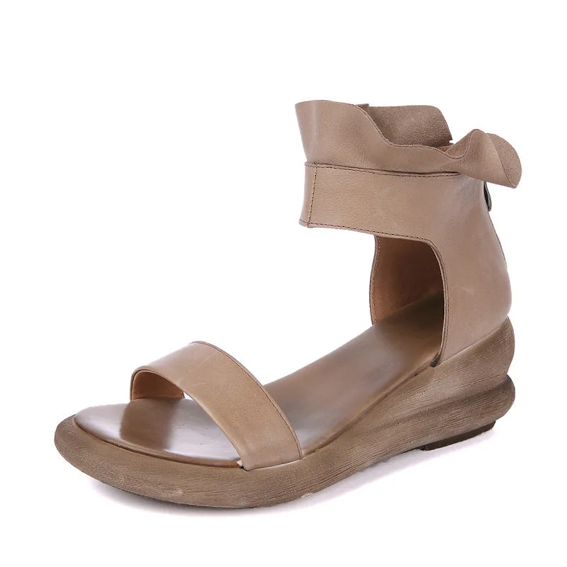 Women Summer Leather Retro Wedge Sandals