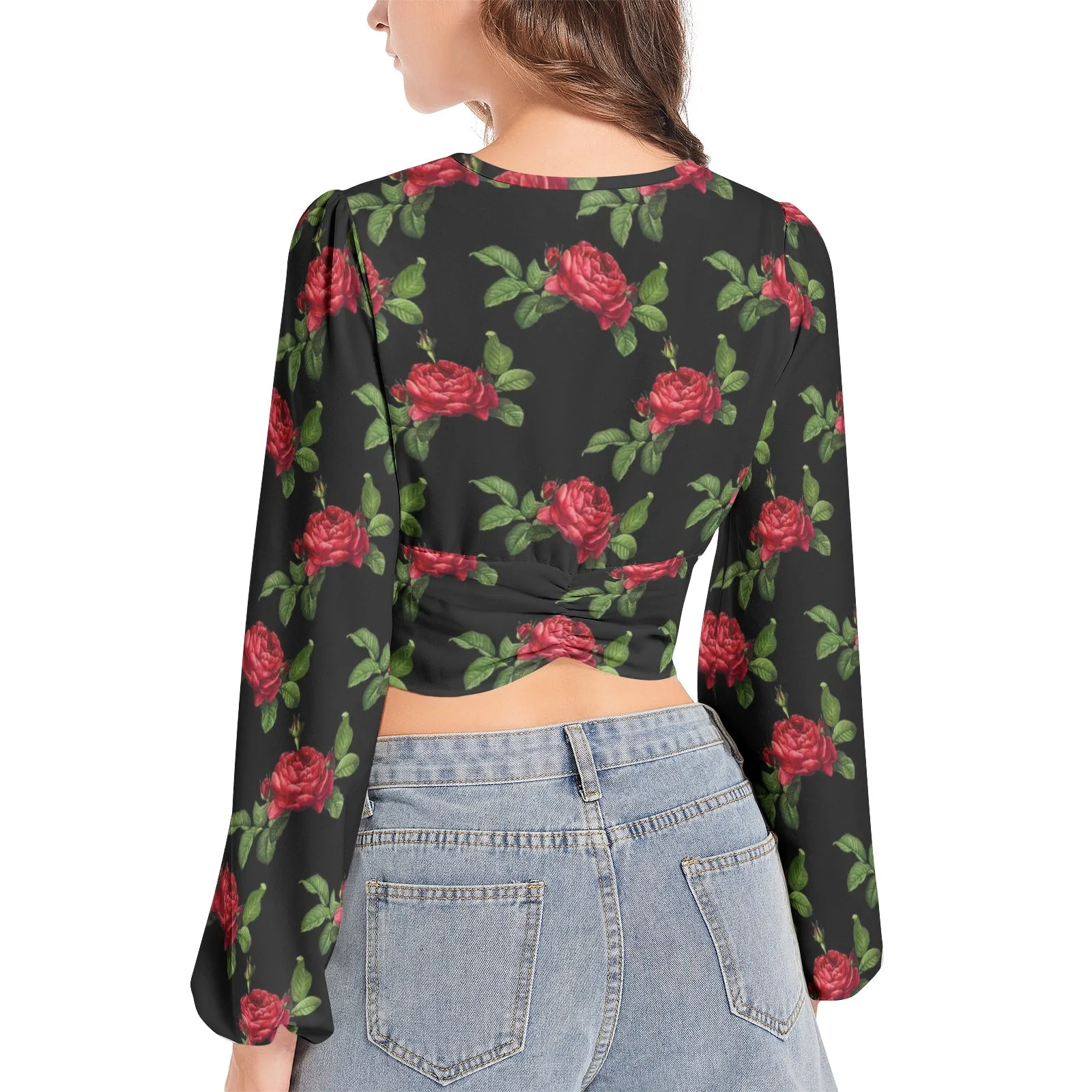 Women's Deep V-Neck Lantern Sleeve Crop Top