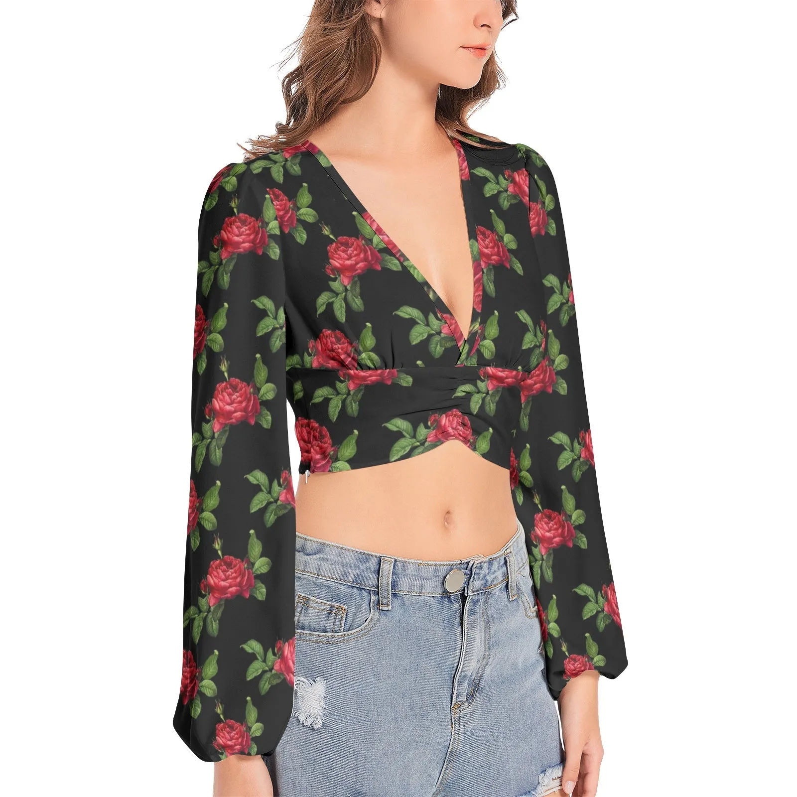 Women's Deep V-Neck Lantern Sleeve Crop Top