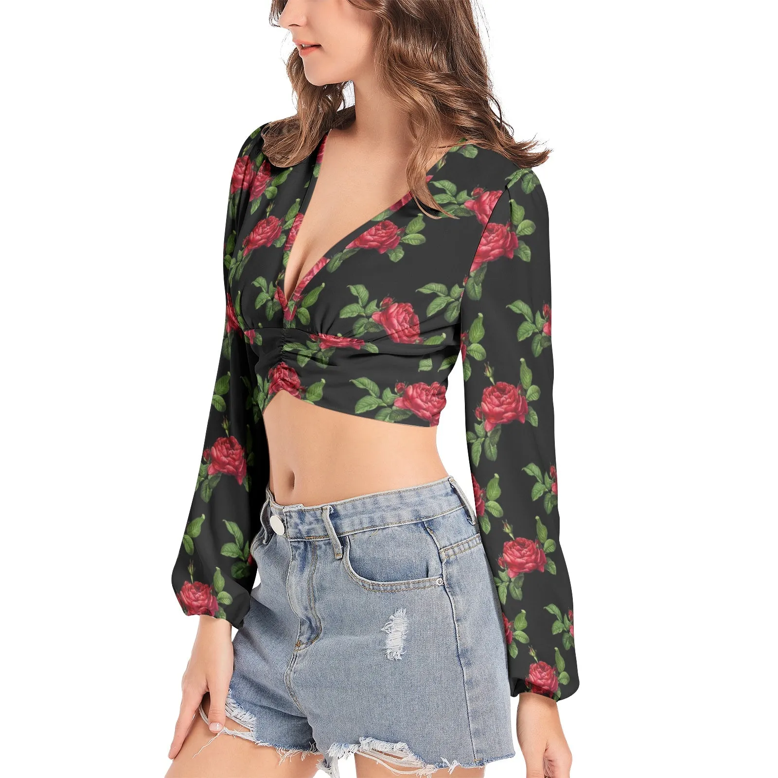 Women's Deep V-Neck Lantern Sleeve Crop Top