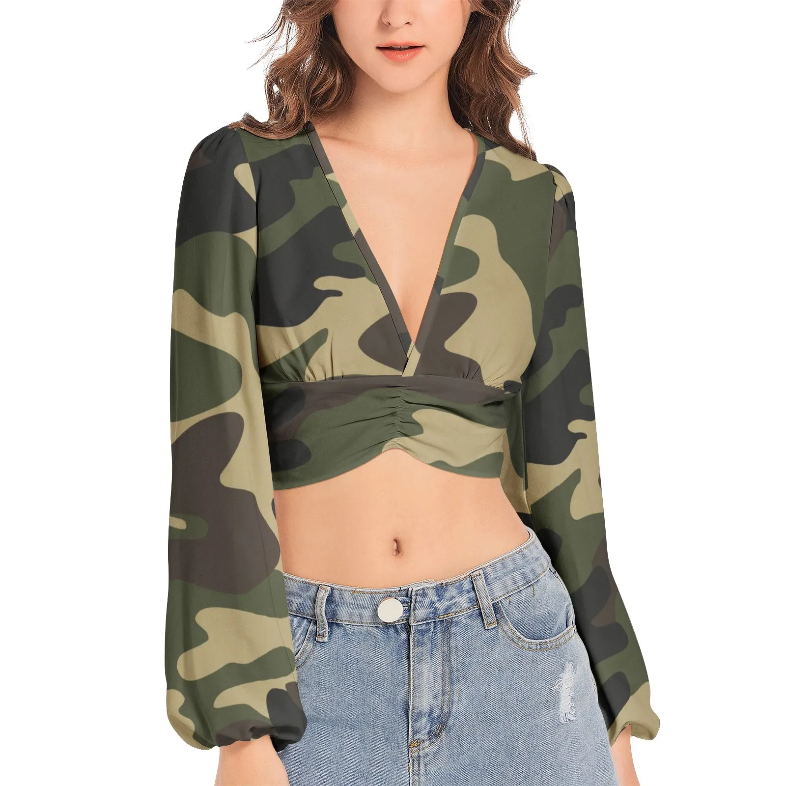 Woodland Camo Women's Deep V-Neck Lantern Sleeve Crop Top