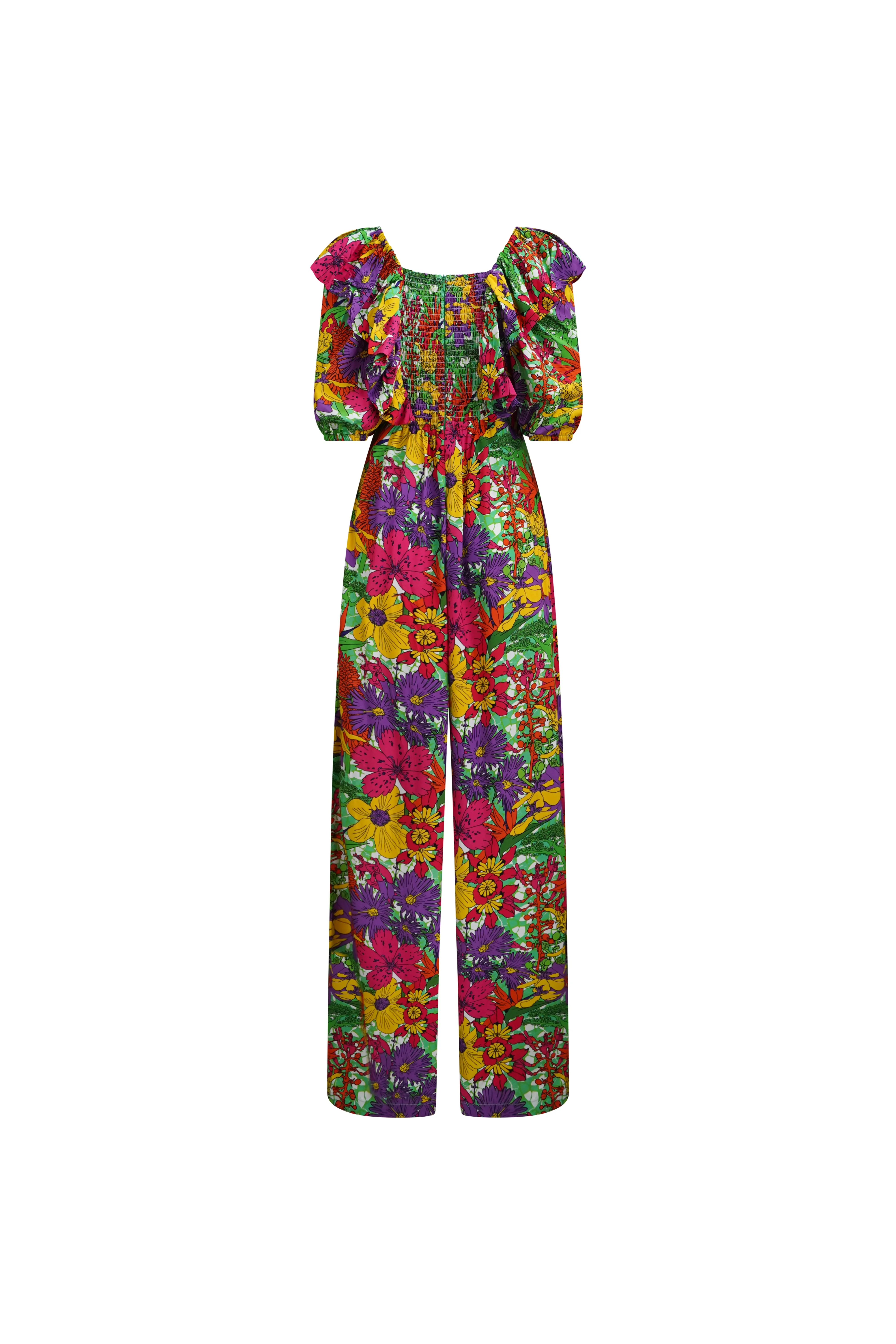 Zalika Puff Ruffle Sleeves Jumpsuit - Green Pink Yellow Garden Mosaic Print | ILC OA OG